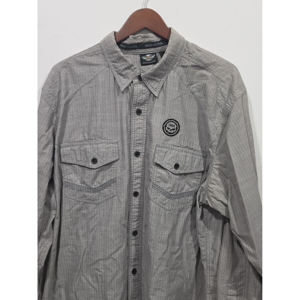 Harley Davidson Shirt Mens 2XL Gray Pinstripe Long Sleeve Button Up 1903 Skull